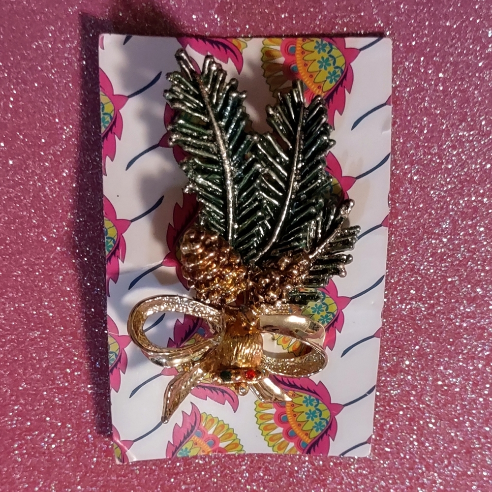 Vintage Enamel Pinecone & Gold Bow Signed Brooch